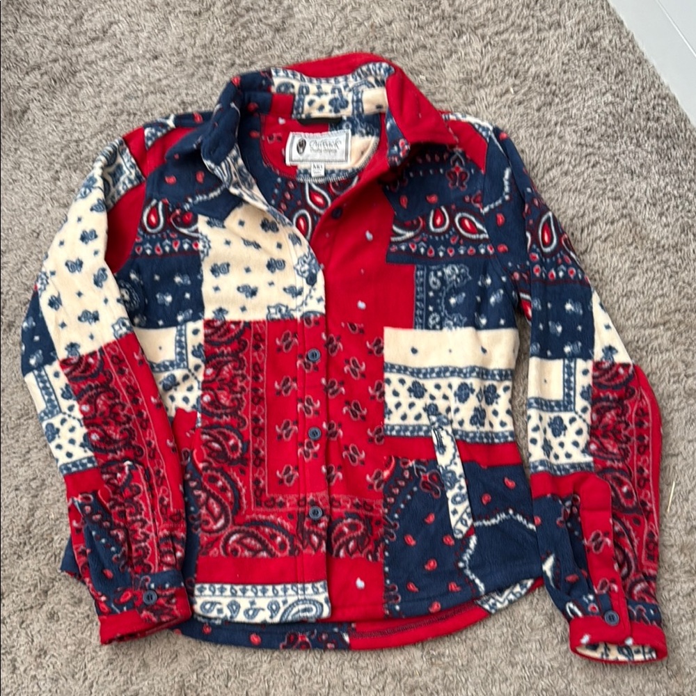 Outback Trading Company Bandana Print Patchwork Shacket Fleece Shirt - Medium